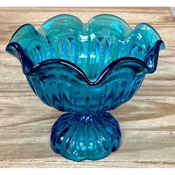 LE Smith Peacock Blue Handkerchief Compote Pedestal Dish Vintage Glass 1960s - Picture 1 of 3